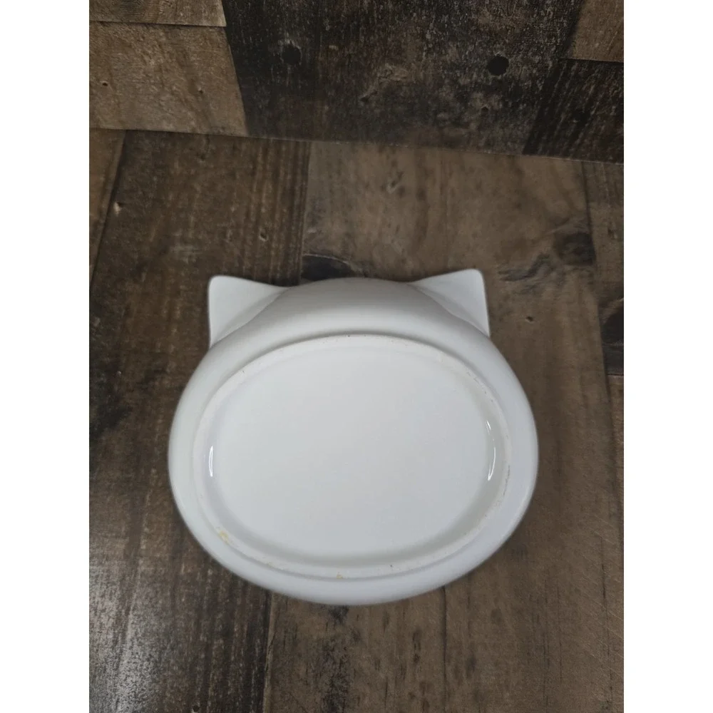 White Ceramic Cat Face Pet Bowl Pink Ears Whisker Friendly Trinket Dish Kawaii
